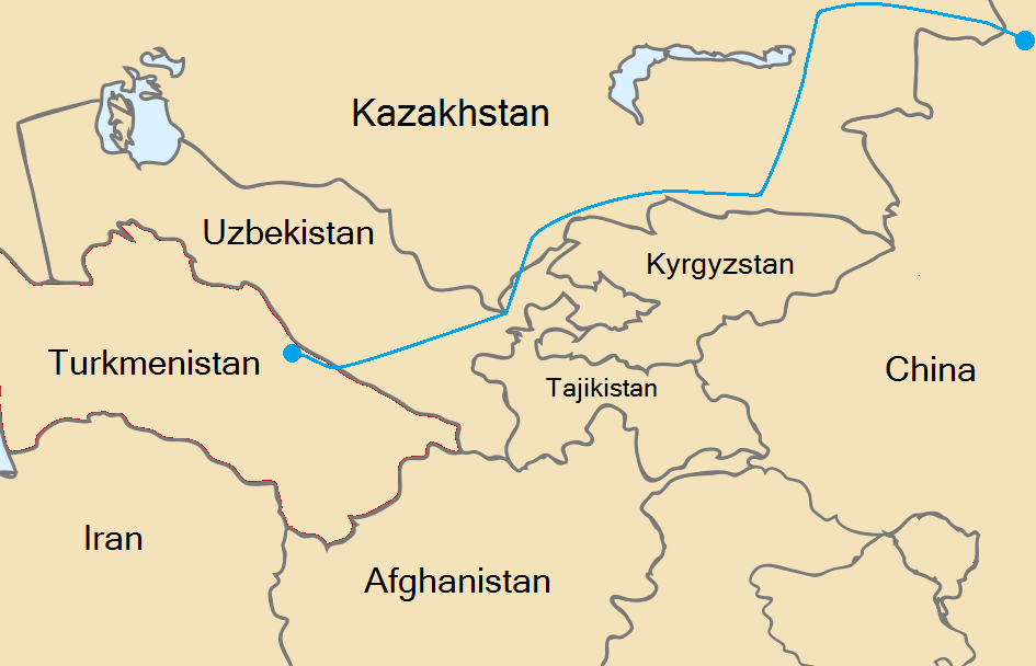 Approximate route of the Central Asia-China pipeline (Users Thingg⊕⊗/Vardion/Ief, via WikimediaCommons CC BY-SA 3.0)