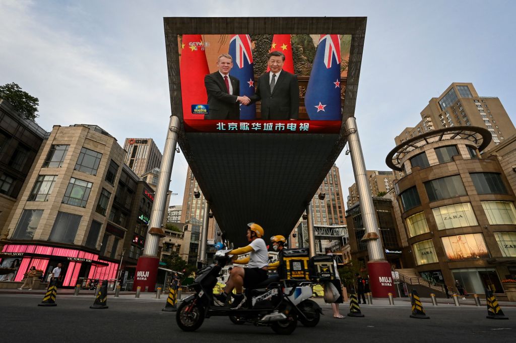 The “Chinese government has more assertively pursued diplomatic, trade, security and development initiatives”: Hipkins, seen with Xi Jinping, during a trip to Beijing last month (Jade Gao/AFP via Getty Images)
