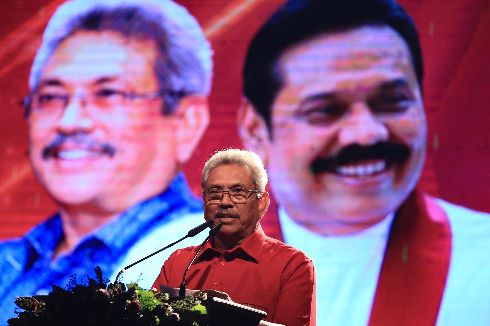 Gotabaya Rajapaksa delivers a speech during his final election rally, Colombo, Sri Lanka, 13 November 2019. (Photo: Tharaka Basnayaka/NurPhoto via Getty Images)