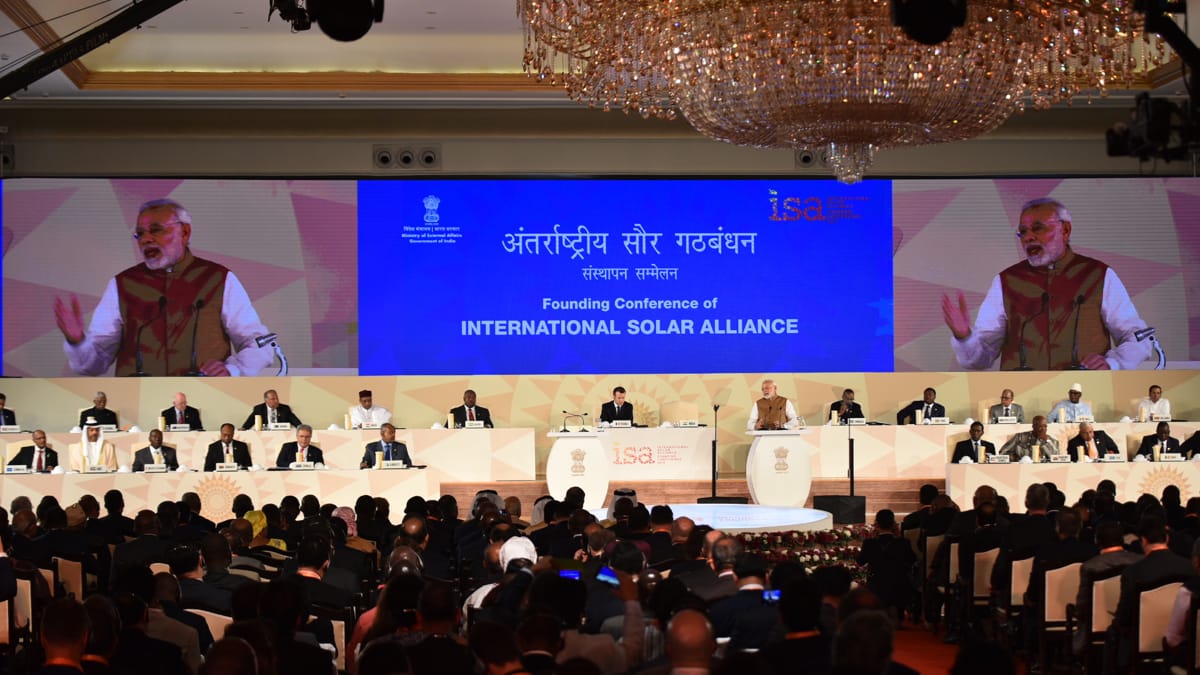 India's Prime Minister Narendra Modi alongside French President Emmanuel Macron at a 2018 conference for the International Solar Alliance (MEA  Photo Gallery)