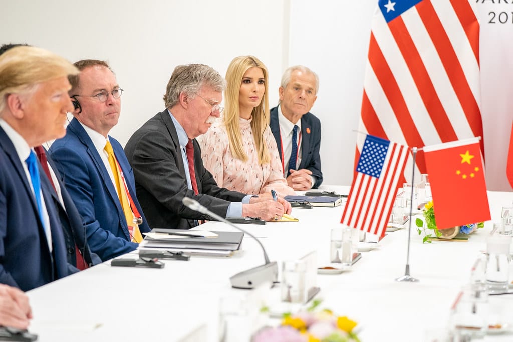 John Bolton, centre, with White House officials and Trump during a 2019 meeting with Xi (White House Photo)