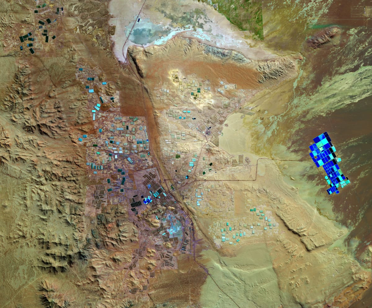 Evaporation ponds seen from space in the Tarapacá region, northern Chile, where nitrates, lithium, potassium and iodine are mined (Copernicus Sentinel data, 2019, European Space Agency)