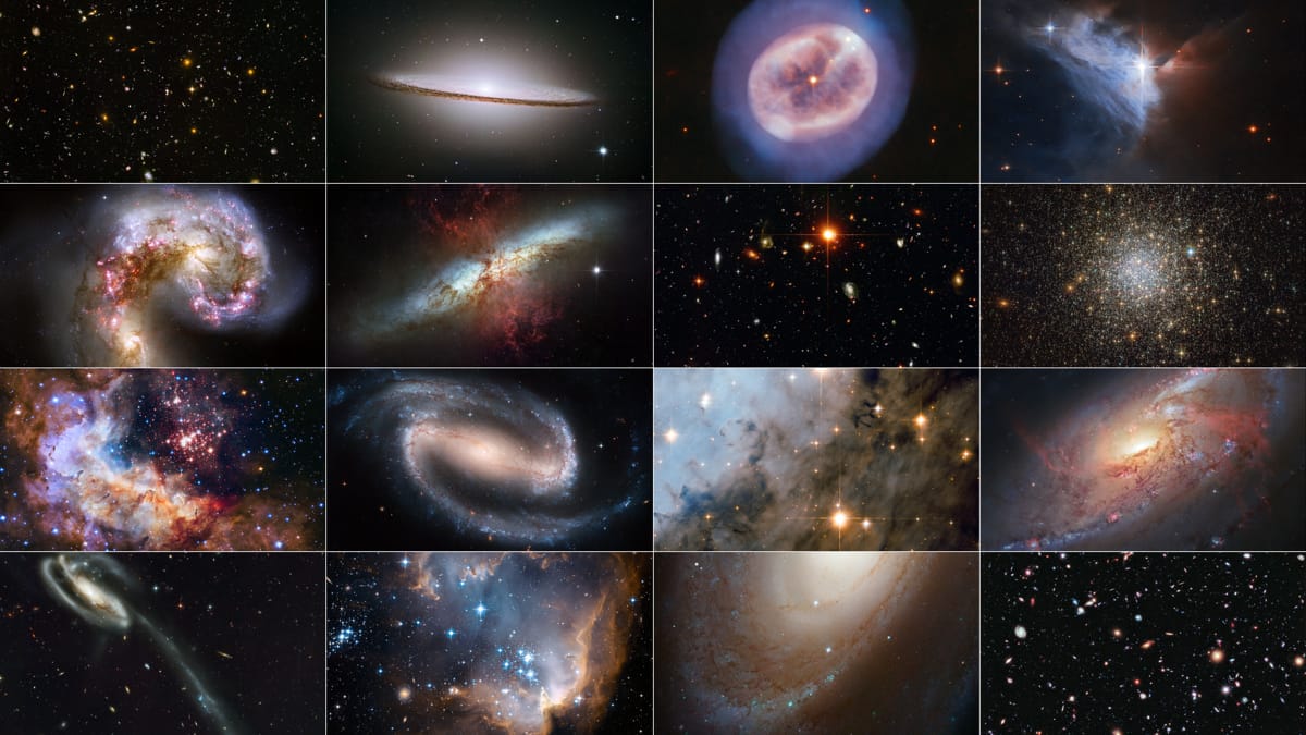 A montage of survey photographs taken over 20 years by the Hubble telescope (NASA, ESA; CC BY 4.0)