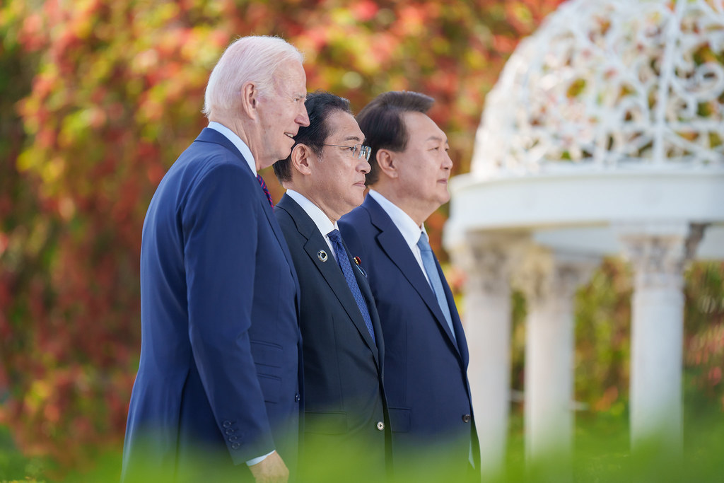 President Joe Biden poses for a photo with Prime Minister Fumio Kishida of Japan and President Yoon Suk Yeol of the Republic of Korea, Sunday, May 21, 2023, during the G7 Summit at the Grand Prince Hotel in Hiroshima, Japan. (Official White House Photo by Adam Schultz)