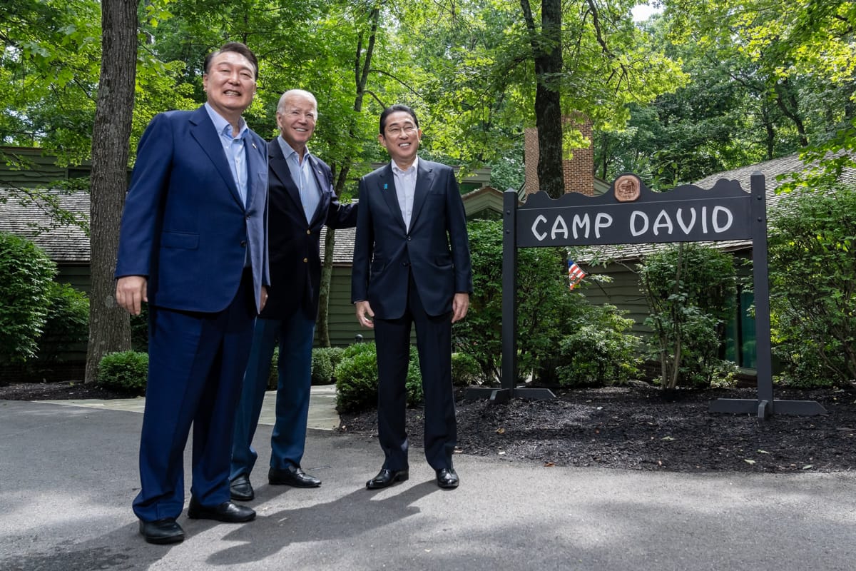 President Joe Biden with Japanese Prime Minister Fumio Kishida and South Korean President Yoon Suk-yeol at a trilateral meeting in August at Camp David, Maryland (Erin Scott/Official White House Photo)