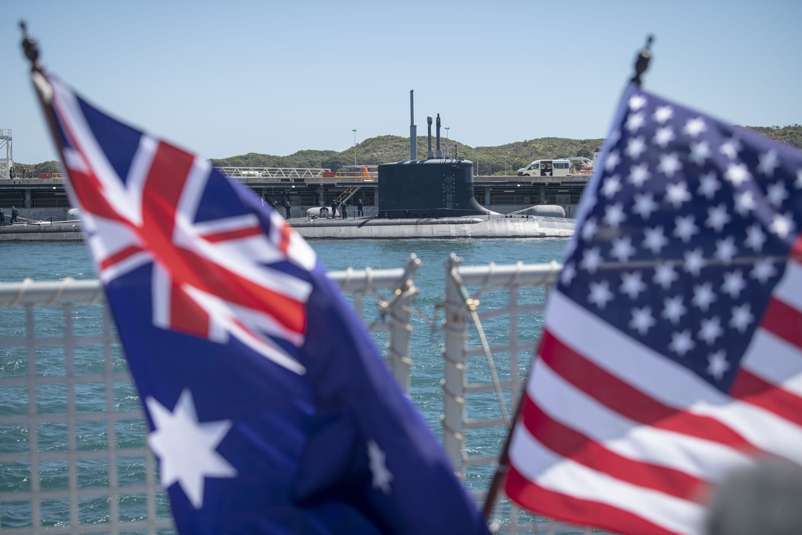 US Navy Virginia-class submarine USS Mississippi moored at Royal Australian Navy HMAS Stirling in 2022 (John Hall/US Marines)