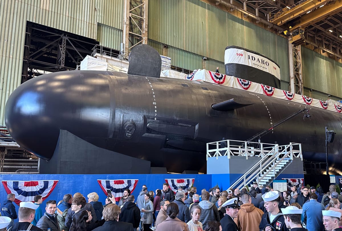 A christening ceremony in March for pre-commissioning unit Idaho (SSN 799) at General Dynamics Electric Boat shipyard facility in Connecticut, United States (Joshua Karsten/US Navy)