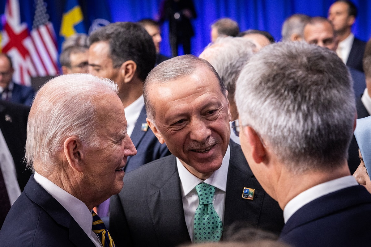NATO North Atlantic Treaty OrganizationFollow Meeting of the NATO-Ukraine Council at the level of Heads of State and Government, with Sweden, 12 JULY 2023 Left to right: US President Joe Biden with President Recep Tayyip Erdoğan (Türkiye) and NATO Secretary General Jens Stoltenberg