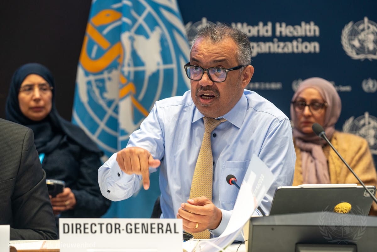 WHO Director-General Dr Tedros Adhanom Ghebreyesus speaks during a discussion on climate change, pollution and health during the 154th session of the WHO Executive Board at WHO Headquarters in Geneva, Switzerland, on 27 January 2024 (Mark Nieuwenhof/WHO)