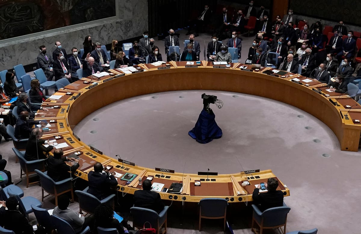 Exercising the veto - Nebenzia voting against a draft resolution in the Security Council on 25 February 2022 that "deplores in the strongest terms" Russia's "aggression" against Ukraine and demanded the immediate withdrawal of its troops (Timothy A. Clary/AFP via Getty Images)