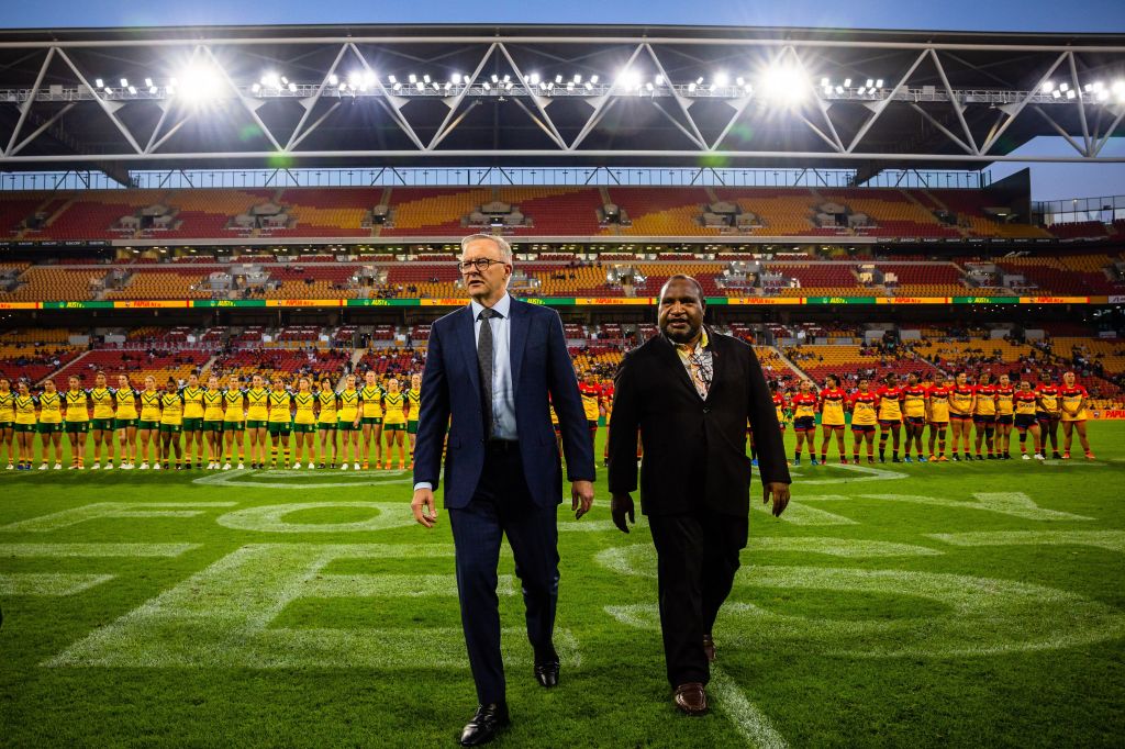 Australia's Prime Minister Anthony Albanese and Papua New Guinea's Prime Minister James Marape ahead of a 2022 international women's rugby league match between Australia and PNG at  Suncorp Stadium, Brisbane (Patrick Hamilton/AFP via Getty Images)