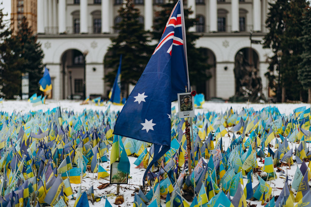 Flags in Kyiv signed with names of fallen soldiers following the Russian invasion of Ukraine war (Valentyna Polishchuk via Getty Images)