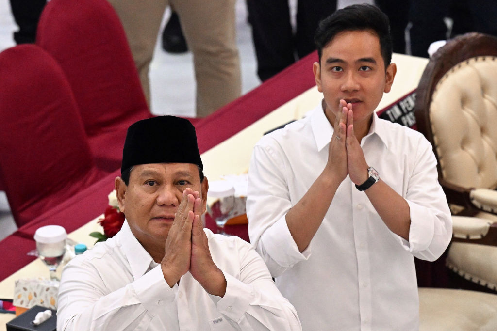 Indonesia’s president-elect Prabowo Subianto, left, and vice president-elect Gibran Rakabuming Raka in April (Adek Berry/AFP via Getty Images)