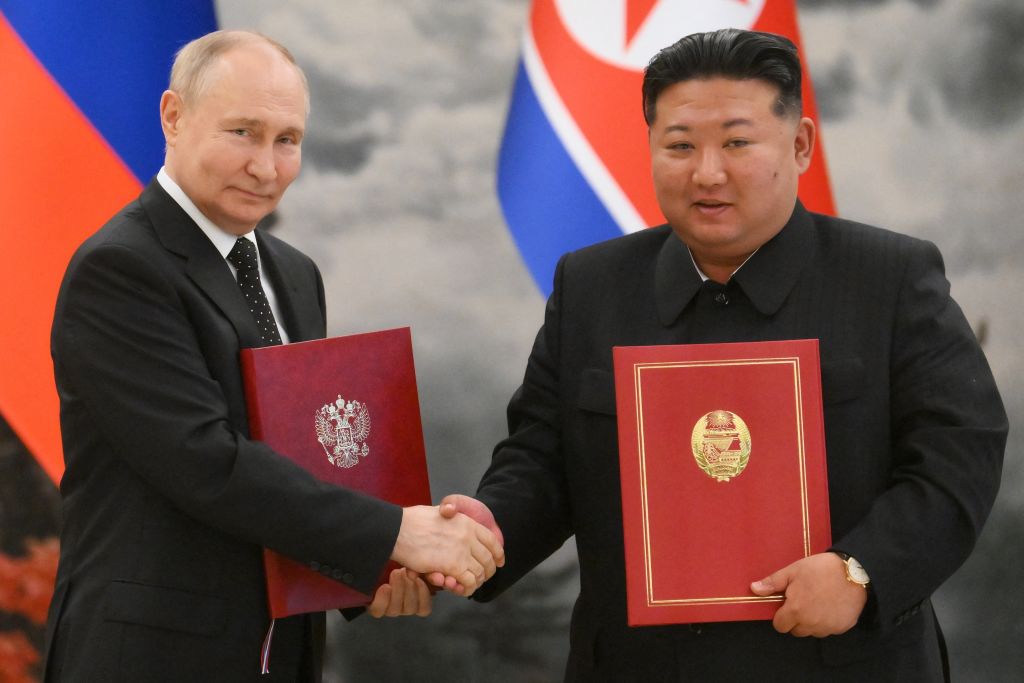 Russian President Vladimir Putin with North Korean leader Kim Jong-un following talks at Kumsusan state residence in Pyongyang, 19 June 2024 (Kristina Kormilitsyna via AFP/Getty Images)