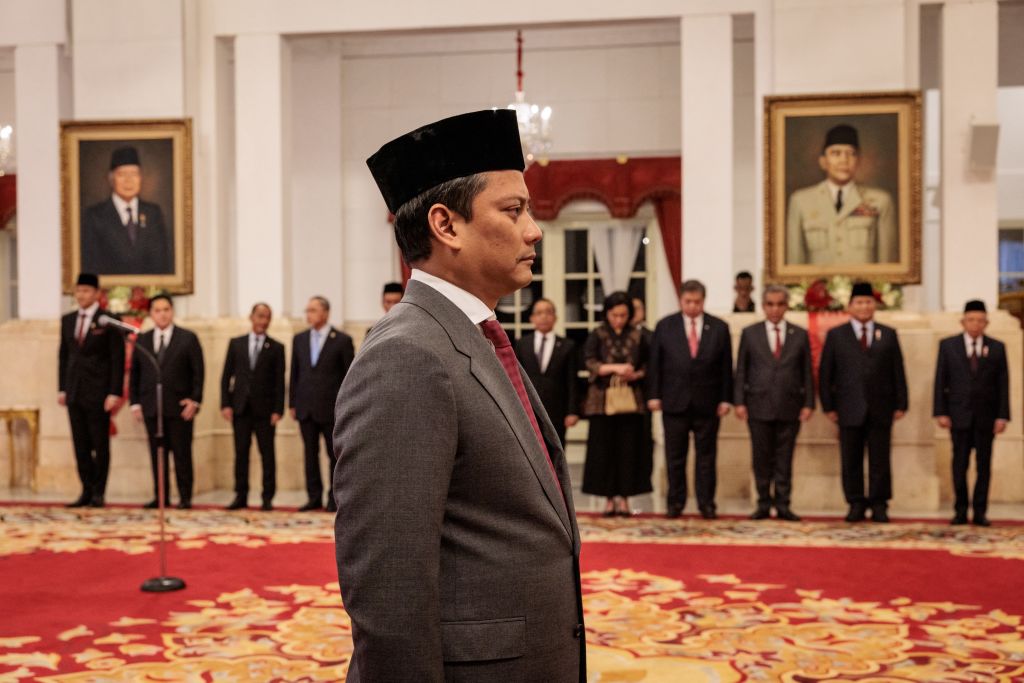 The appointment of Deputy Finance Minister Thomas Djiwandono, nephew of Indonesia's Defence Minister and President-elect Prabowo Subianto, at the Presidential Palace in Jakarta in July (Yasuyoshi Chiba/AFP via Getty Images)