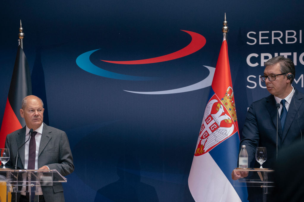 Serbia's President Aleksandar Vucic, right, and Germany's Chancellor Olaf Scholz during the summit on critical raw materials in Belgrade, 19 July 2024 (Vladimir Zivojinovic/AFP via Getty Images)