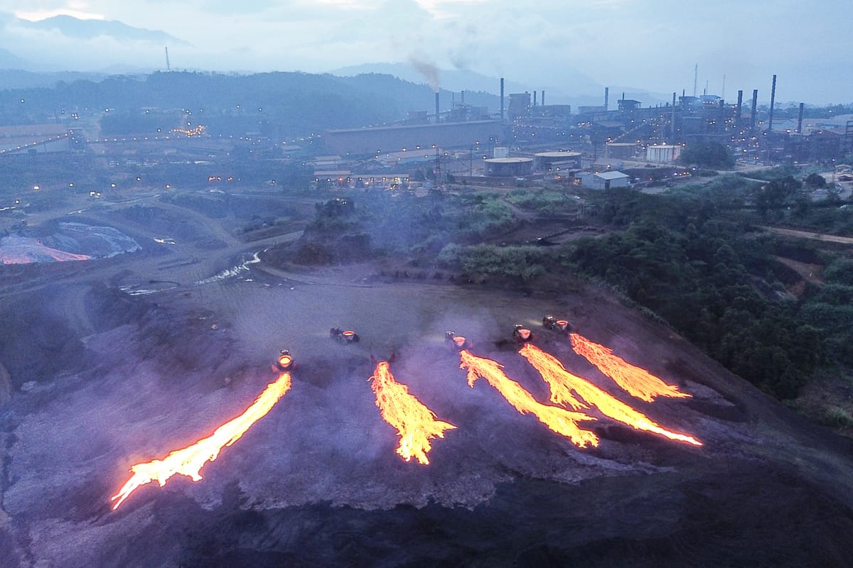 Disposing nickel slag at the temporary waste storage area of PT Vale Indonesia in Sorowako, South Sulawesi, on 2 August 2024 (Muchtamir Zaide/AFP via Getty Images)