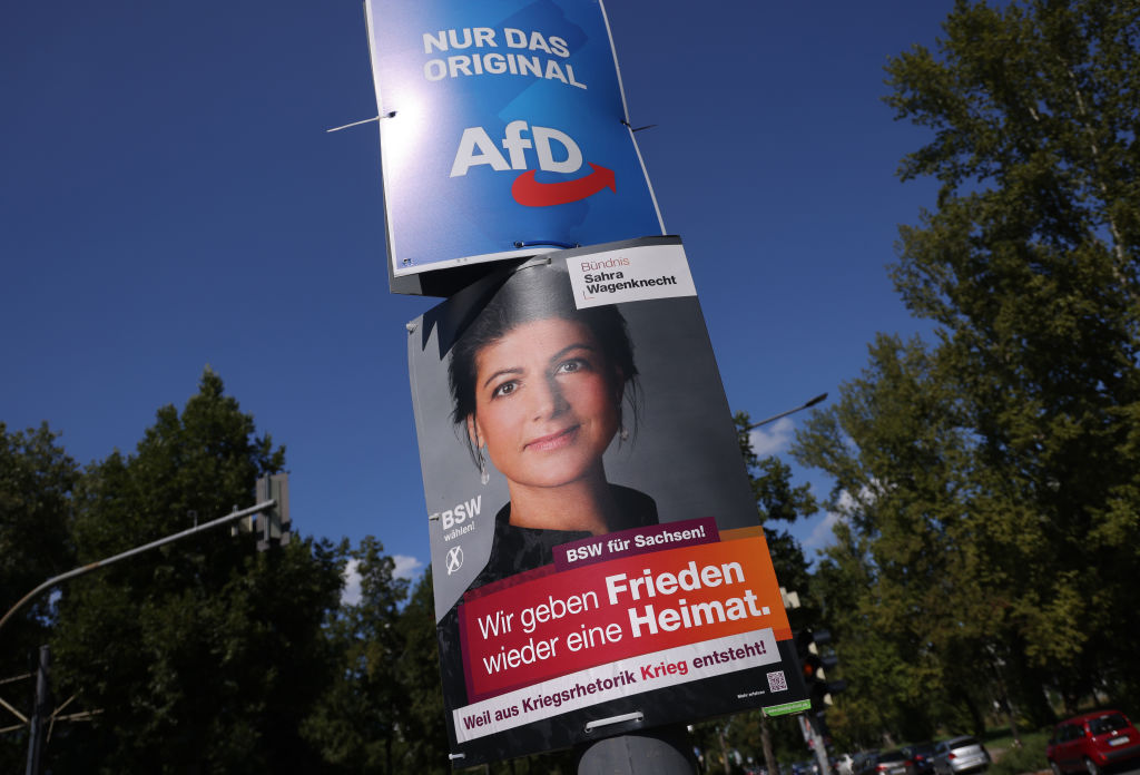 Election placards for the far-right Alternative for Germany (AfD) and the leftist Sahra Wagenknecht Alliance (BSW) in Saxony ahead of state elections (Sean Gallup/Getty Images)