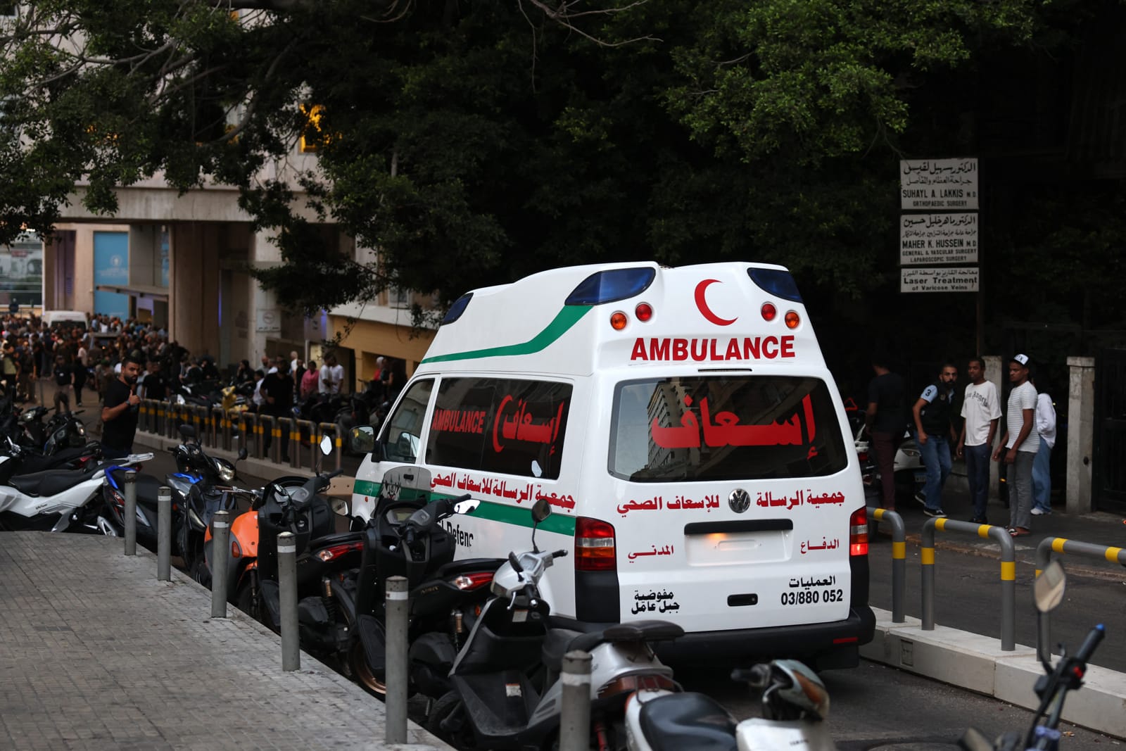 ambulance rushes wounded people to the American University of Beirut Medical Center, on September 17, 2024, after explosions hit locations in several Hezbollah strongholds around Lebanon