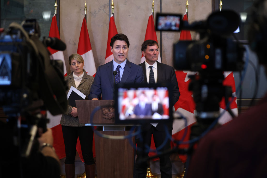 Canada's Justin Trudeau addressing the media after allegations that Indian diplomats and agents are implicated in "escalating" homicides and extortion in the country (David Kawai/Bloomberg via Getty Images)