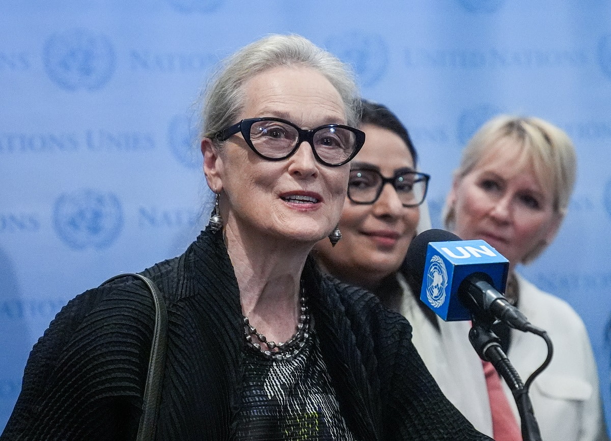 Oscar-winning American actor and activist Meryl Streep talks to the press along with other female speakers after attending the meeting on the Inclusion of Women in the Future of Afghanistan, at UN Headquarters in New York, United States on September 23, 2024. (Photo by Selcuk Acar/Anadolu via Getty Images)