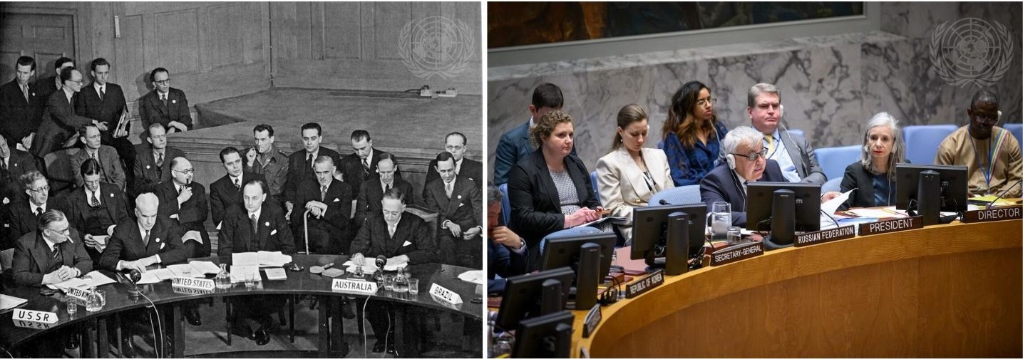 Then and now: An early meeting of the UN Security Council in 1946, compared to one of the most recent (Photos: Marcel Bolomey and Loey Felipe/UN Photo)