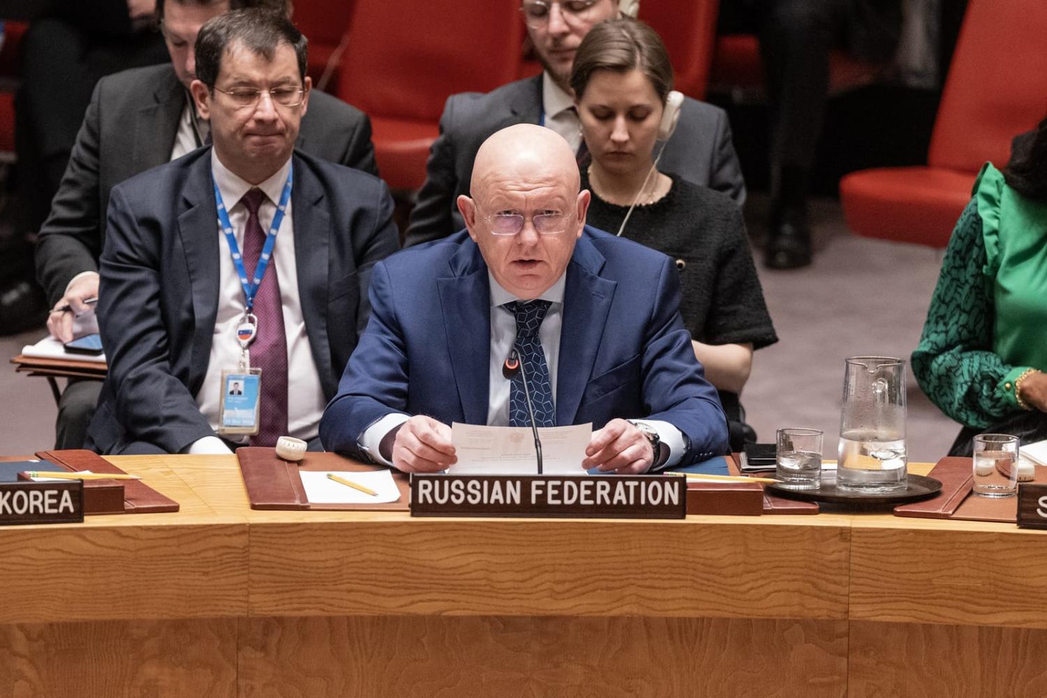 Ambassador Vassily Nebenzia of Russia at a Security Council meeting: he has unceasingly pushed Putin’s narrative since the day Russia’s tanks rolled into Ukraine’s territory (Lev Radin via Getty Images)