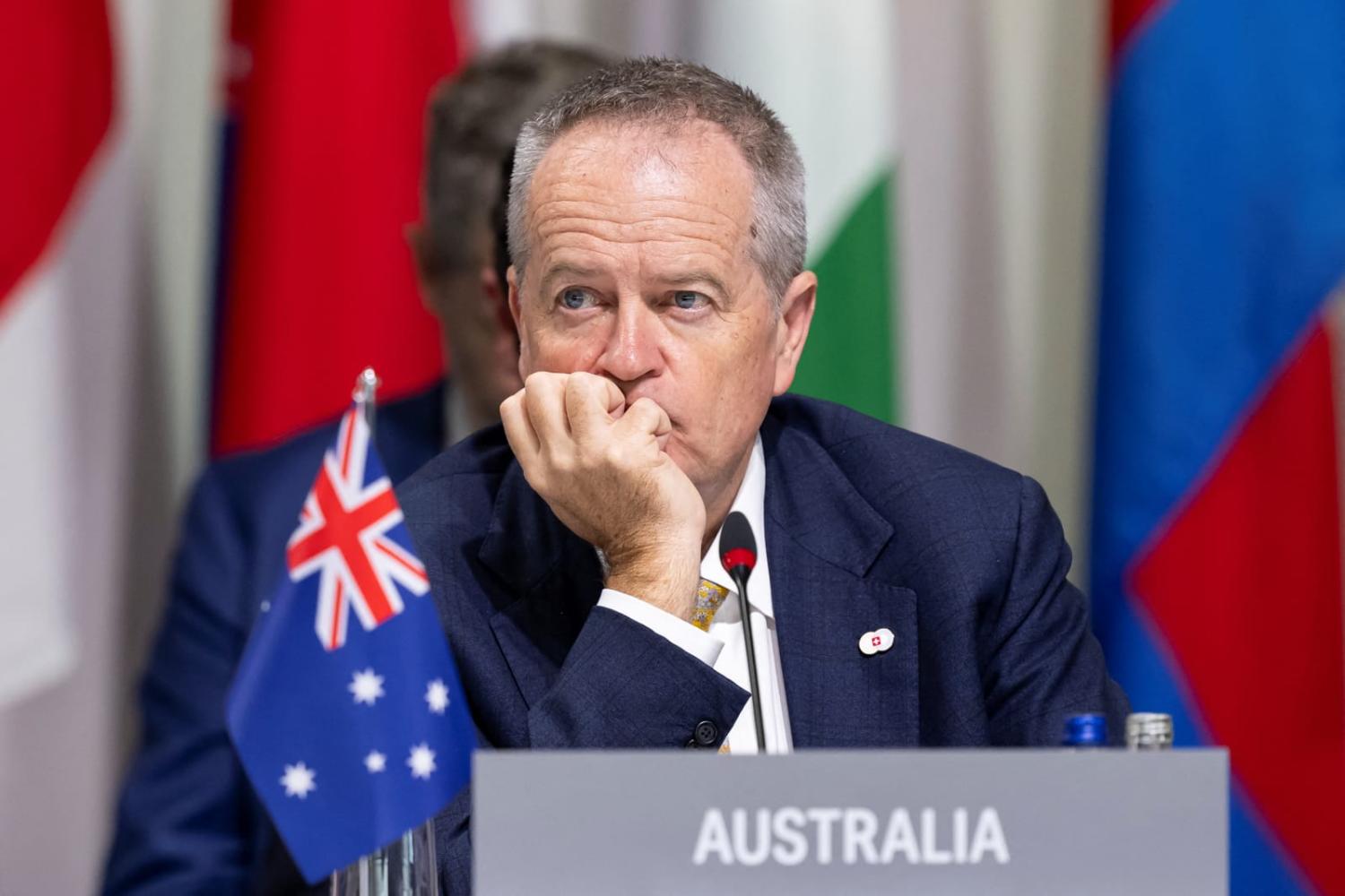 Bill Shorten attends a plenary session during the Summit on peace in Ukraine at the Burgenstock resort, near Lucerne, on 16 June (Urs Flueeler via AFP/Getty Images)