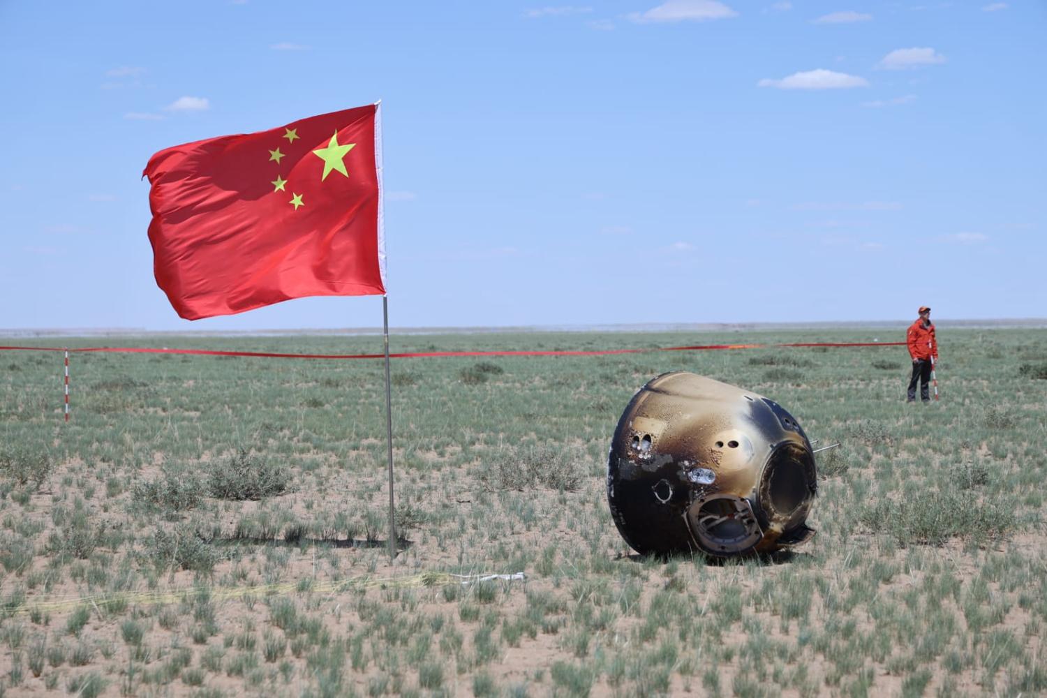 The return capsule of Chang'e-6, which landed in China's Inner Mongolia Autonomous Region on Tuesday, bringing back the first samples collected from the Moon's far side (Jin Liwang/Xinhua via Getty)