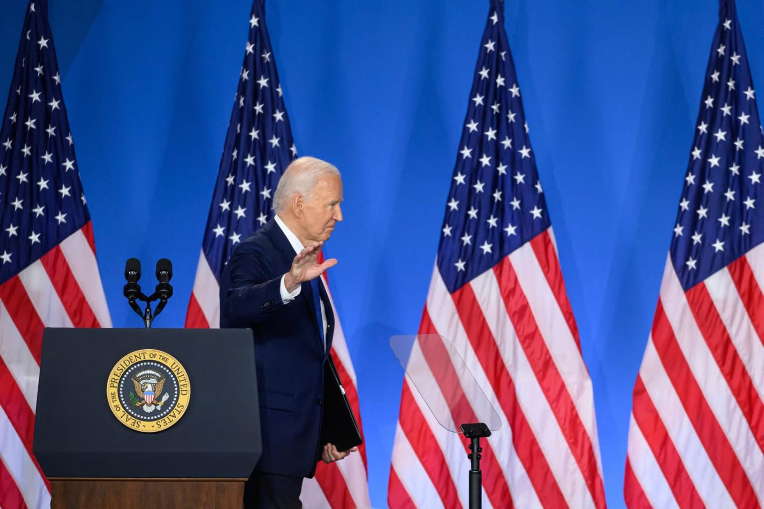 US President Joe Biden leaves after speaking at a press conference at the close of the 75th NATO Summit in Washington, DC on 11 July 2024 (Mandel Ngan/AFP via Getty Images)