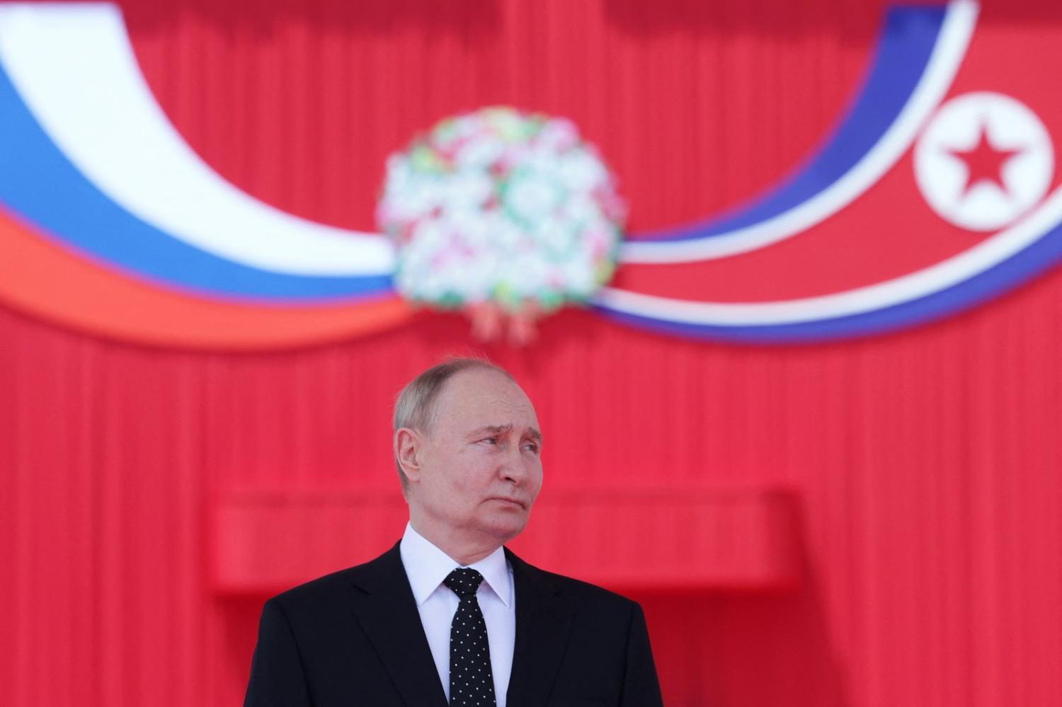 Russia's President Vladimir Putin attends a welcoming ceremony at Kim Il Sung Square in Pyongyang on 19 June 2024 (Gavril Grigorov/AFP via Getty Images)