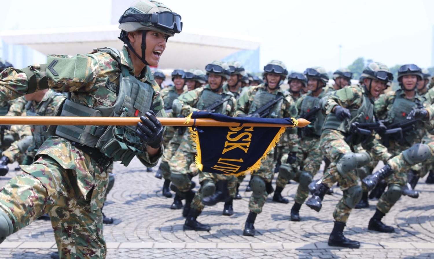 Indonesian soldiers on parade in Jakarta to mark the 78th anniversary of the Indonesian Armed Forces, 5 October 2023 (Li Zhiquan/China News Service/VCG via Getty Images)