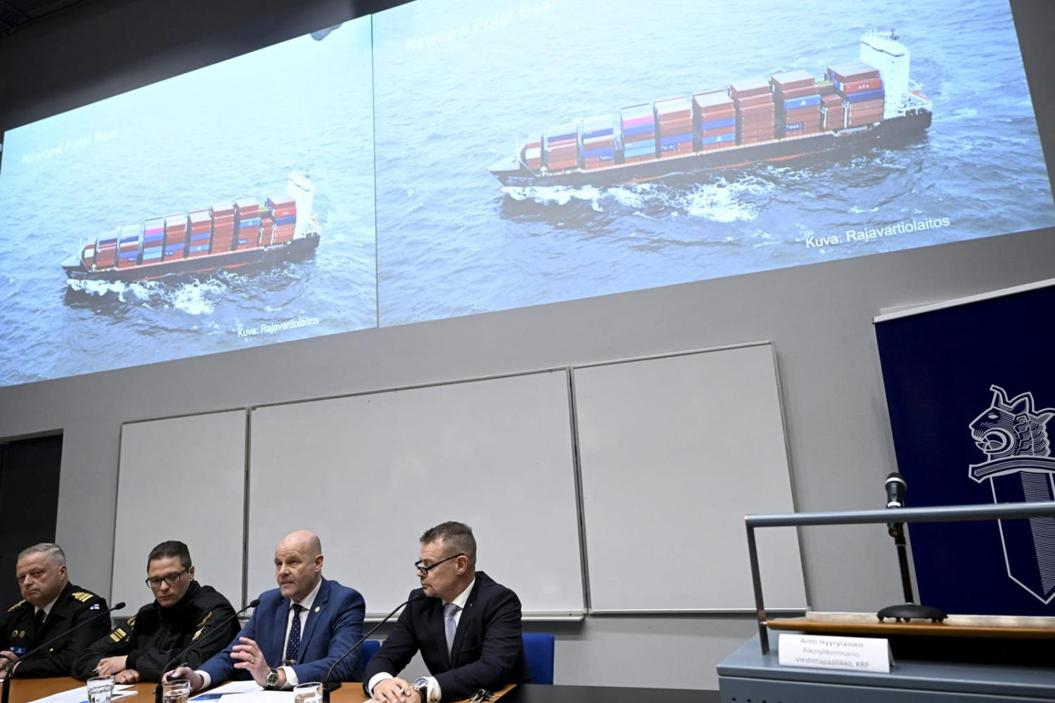 Finish officials briefing the media last October on investigations into the possible attack on the Balticconnector gas line with the suspect vessel NewNew Polar Bear shown on the screen (Heikki Saukkomaa vai Getty Images)