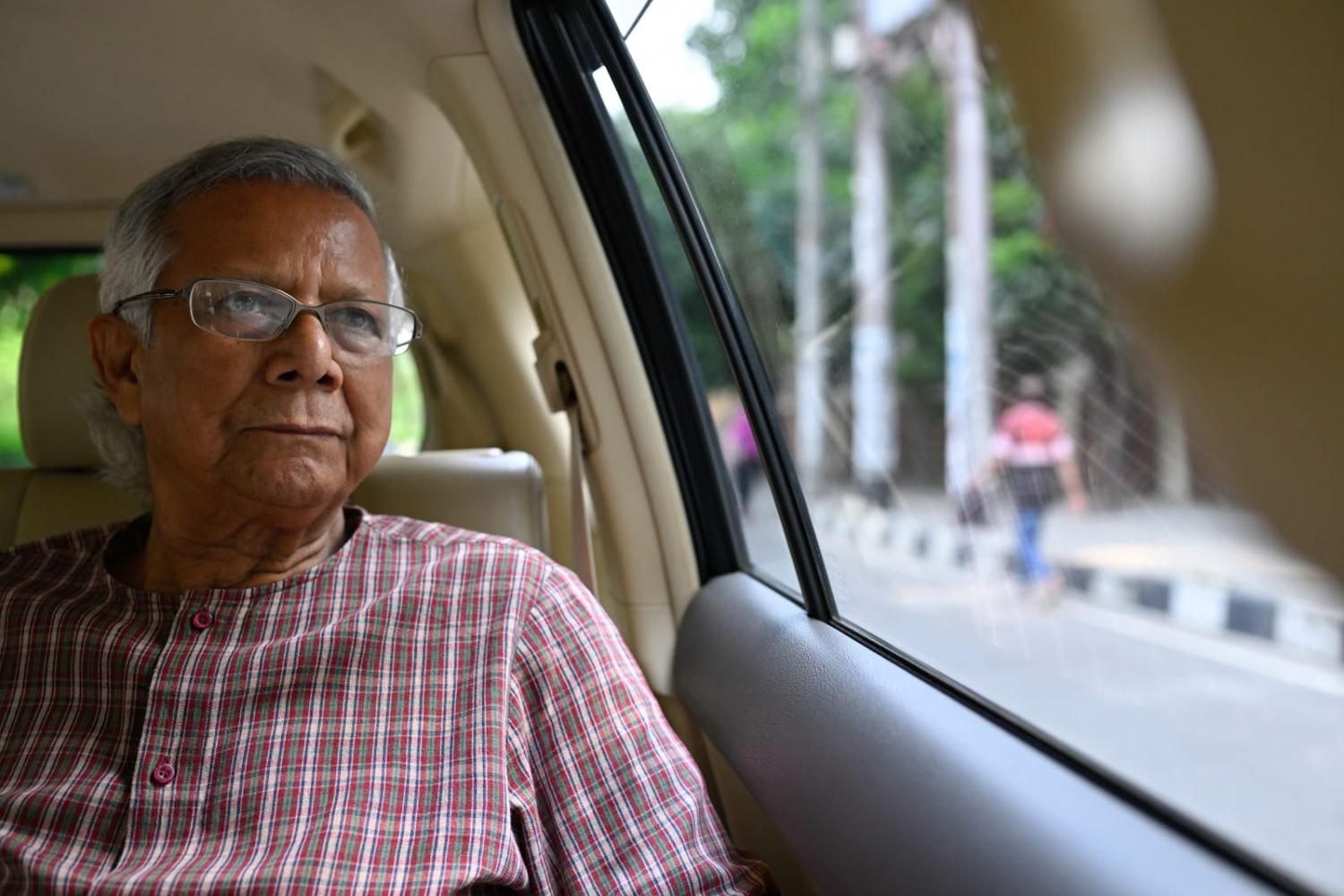 Nobel Peace Prize-winning economist Muhammad Yunus on his way to court in Dhaka in May accused of money laundering - he was this week made interim leader in Bangladesh (Fatima Tuj Johora/Bloomberg via Getty Images)