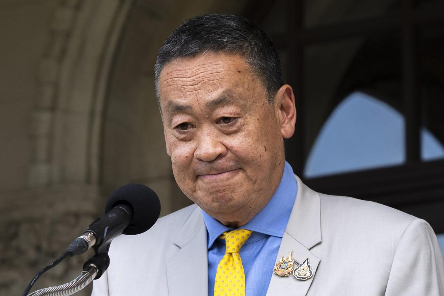 Thailand’s Srettha Thavisin addresses the media after the county’s Constitutional Court ruled to remove him as prime minister (Chanakarn Laosarakham/AFP via Getty Images)