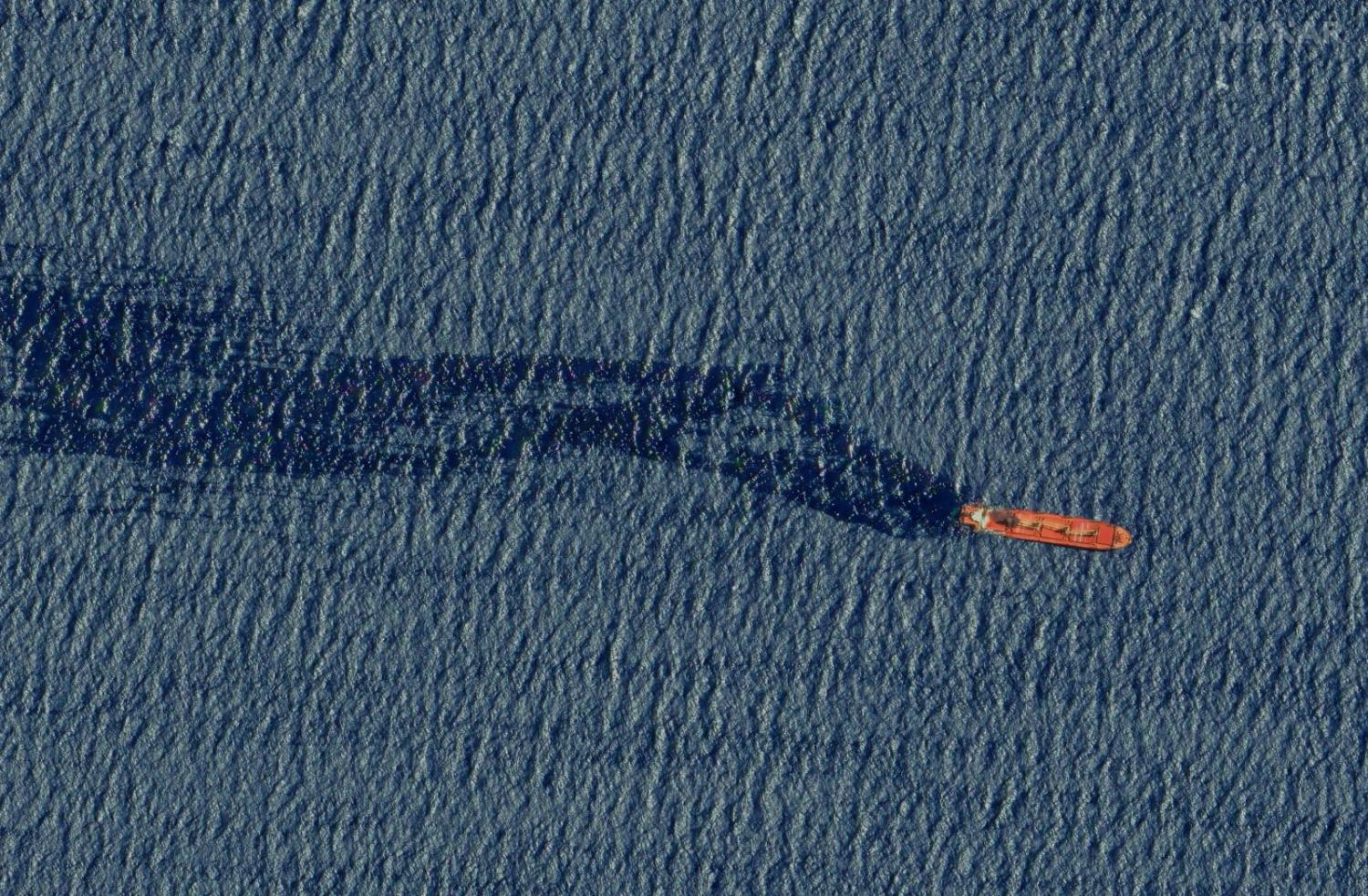 Satellite imagery of the UK-owned cargo ship Rubyma, just before sinking after being targeted by Houthi rebels in March (Maxar Technologies via Getty Images)