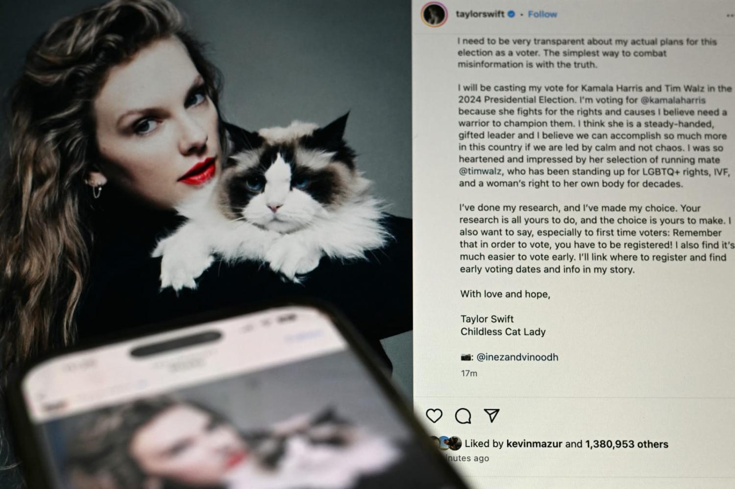 US singer Taylor Swift's Instagram post endorsing US Vice President and Democratic presidential candidate Kamala Harris (Pedro Ugarte/AFP via Getty Images)