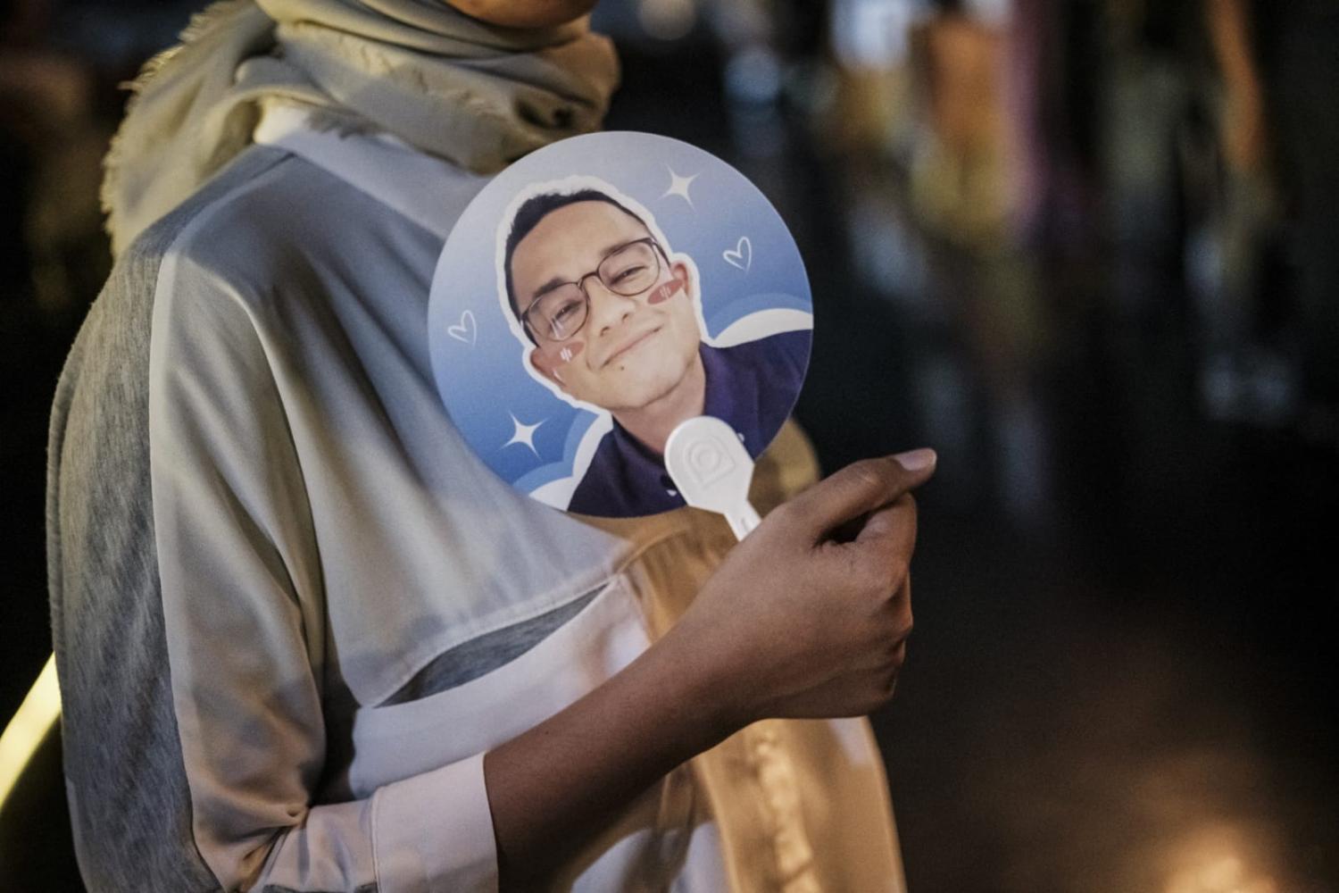 Campaign merchandise made in the style of Korean pop music fans for presidential candidate Anies Baswedan during the Indonesian presidential campaign (Yasuyoshi Chiba/AFP via Getty Images)