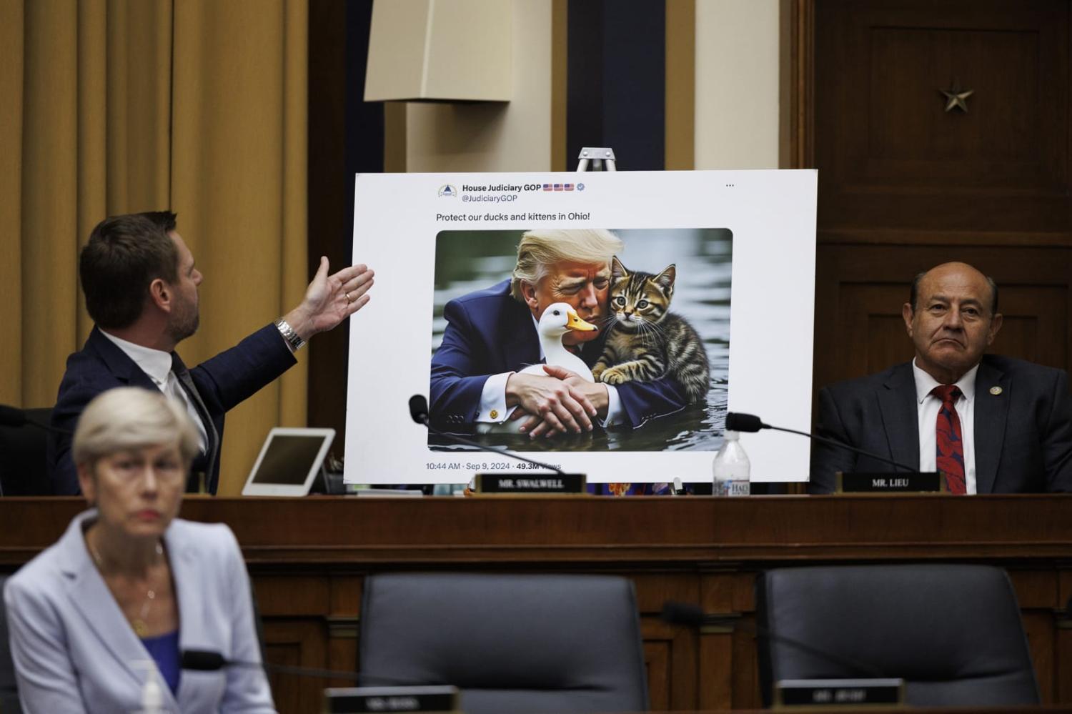 A US Congressional hearing examines AI generated imagery of Republican presidential nominee Donald Trump during a hearing in September (Tom Brenner/Getty Images)