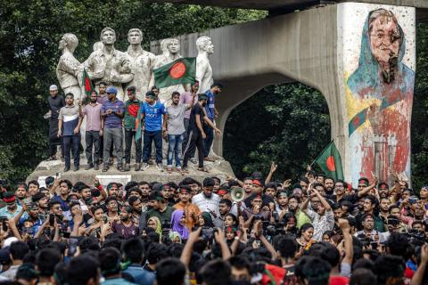 Demonstrators calling for a trial of Bangladesh's ousted prime minister Sheikh Hasina, near Dhaka University in the capital of Bangladesh, 12 August 2024 (Luis Tato/AFP via Getty Images)