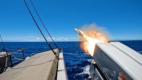 A Naval Strike Missile being test-fired from HMAS Sydney during exercises near Hawaii in July (Daniel Goodman/Defence Images)