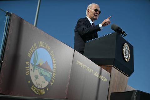 Joe Biden at Gila River Crossing School near Phoenix, Arizona on 25 October, apologising for one of America's "darkest chapters", the abduction of Native American children and placement in abusive boarding schools (Andrew Caballero-Reynolds/AFP via Getty)